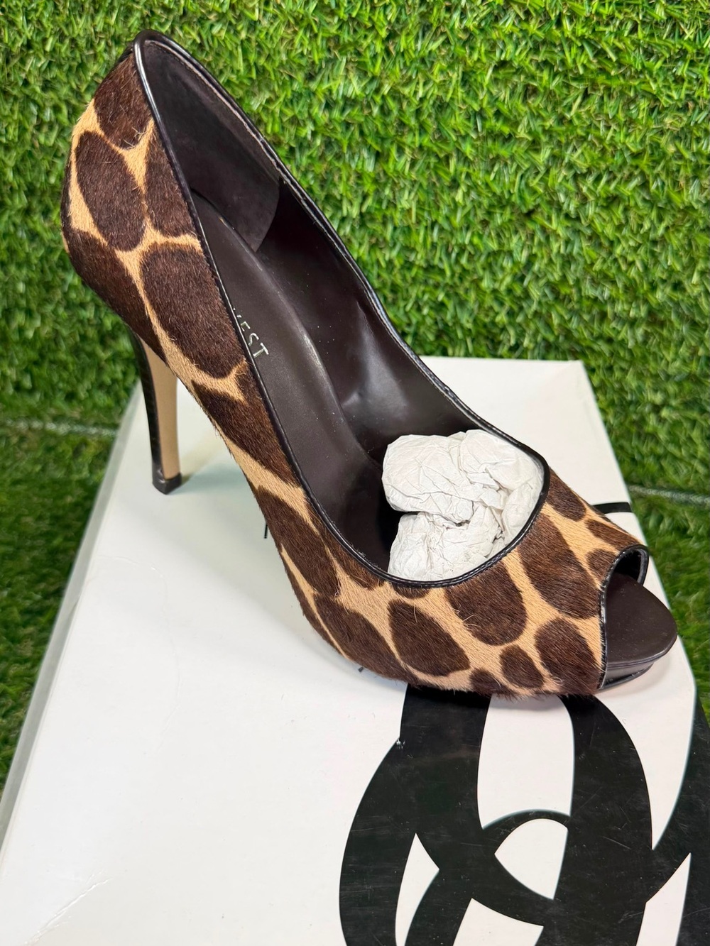 Nine West Liattris Leopard Giraffe Calf Hair Peep Toe Pumps Heels Shoes Box 6.5M